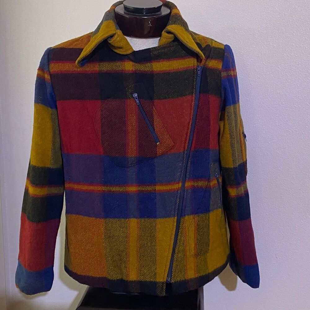 1960's Wool Plaid Diagonal Zip Up Jacket Talon Zipper No Size Tag See Measuremen